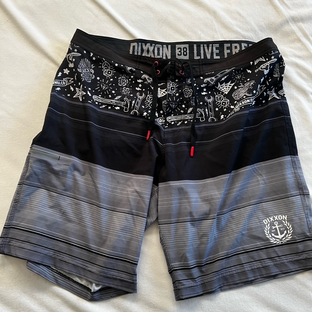 Dixxon Flannel brand board shorts, size 38, black mostly
